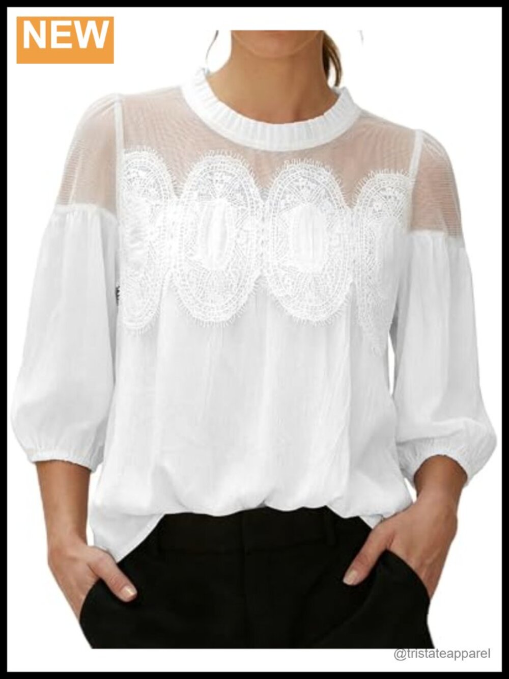 Women's Lace Trim Puff Sleeve Blouse 3/4 Sleeve Mesh Top